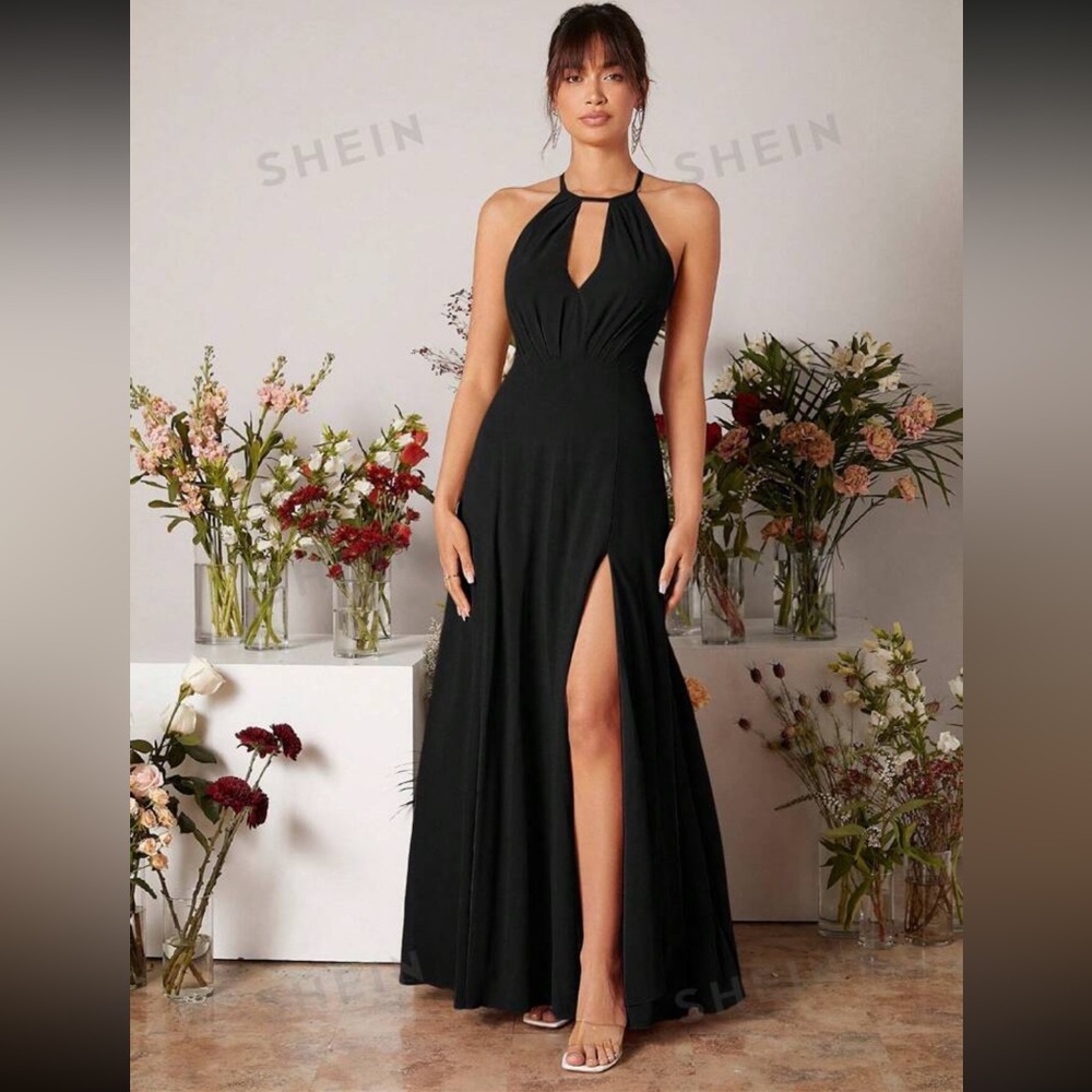 SHEIN Black Belle Hollow Out Split Front Halter Backless Dress Size XS(2)